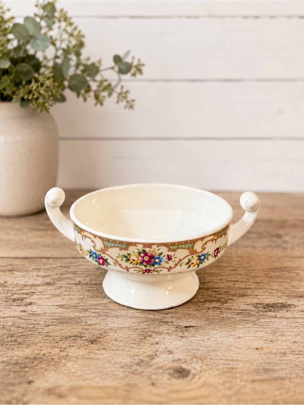 Vintage Floral Porcelain Double Handled Footed Bowl